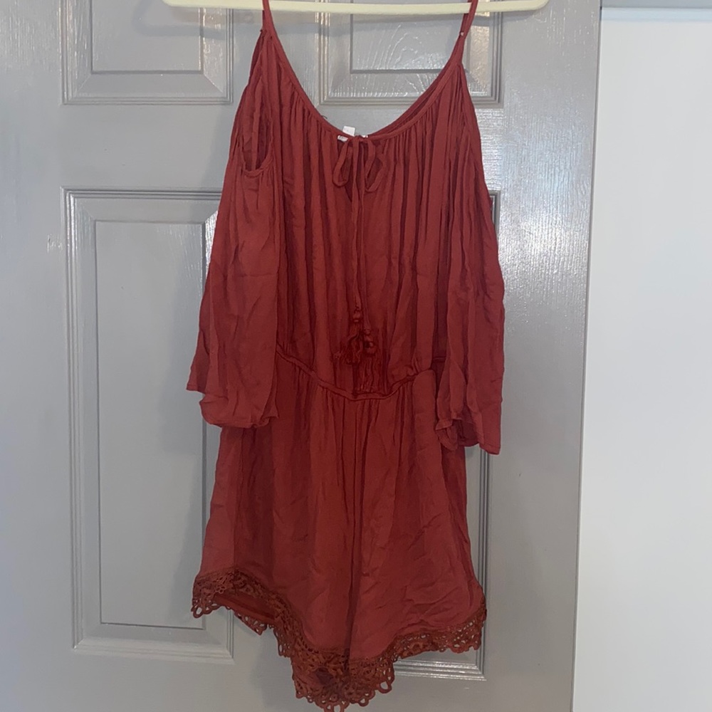 Off shoulder red/orange romper with detailed shorts sized Large